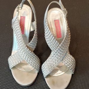 BETSY JOHNSON silver high heeled open toe sandal.